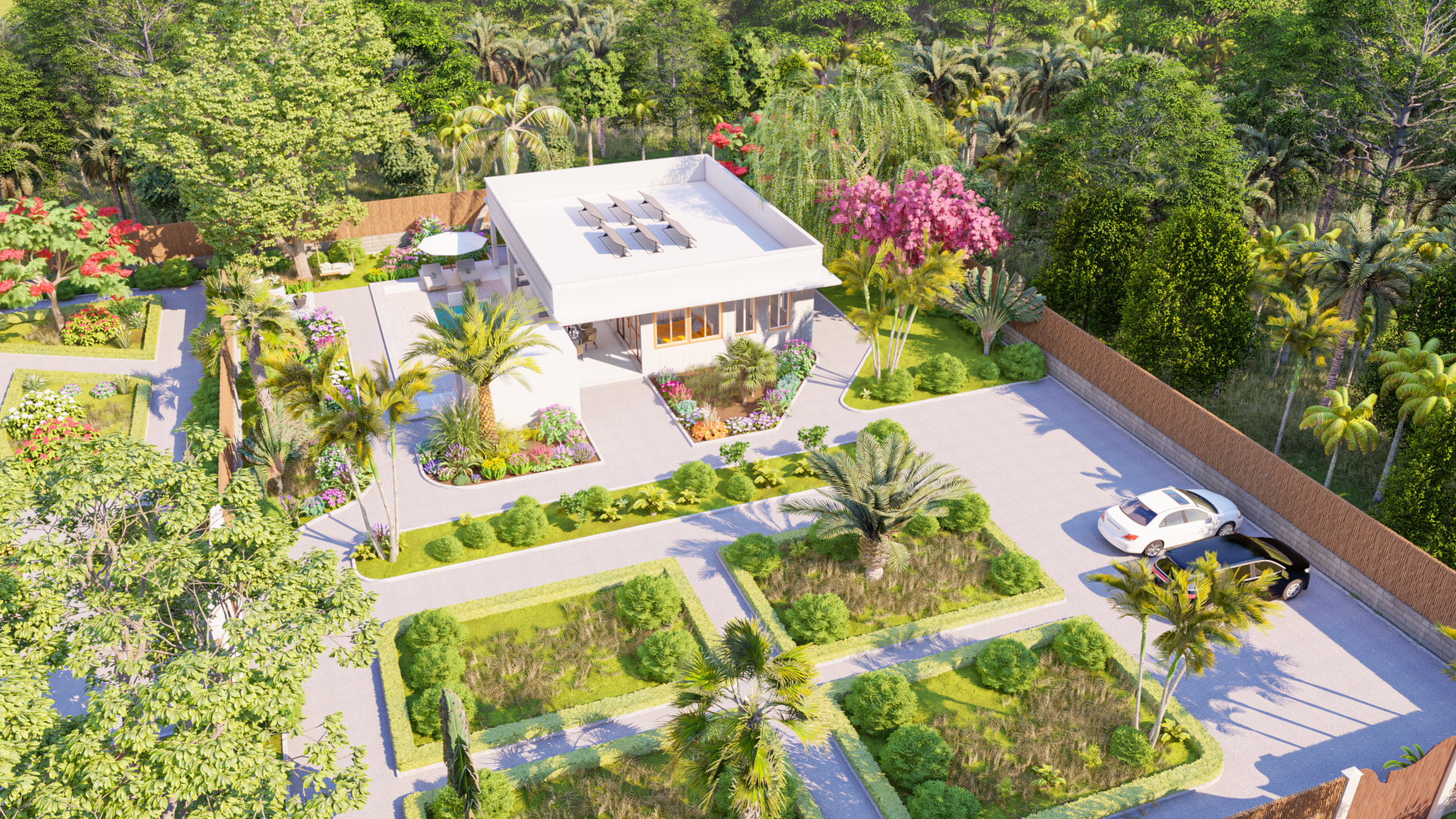 Cottages with parking and greenery all around